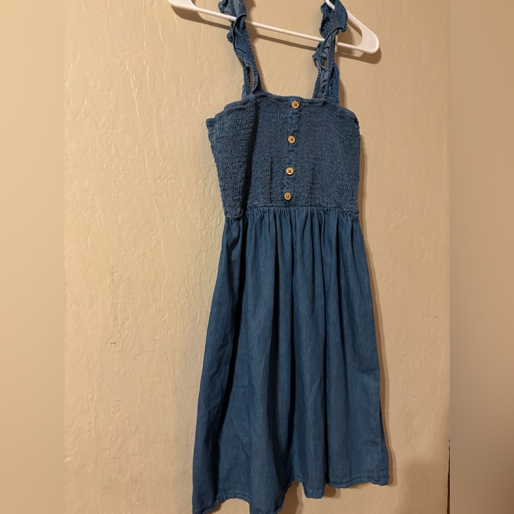 100% Cotton Dress Linen Inspired Blue With Buttons Size Medium With Stretch